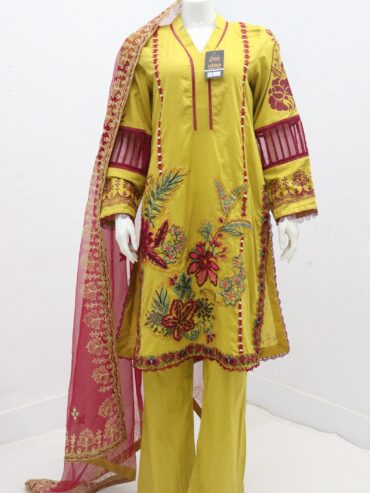 Pure Lawn Stuff Block Print  Embroidery Mirror Design 3 Piece