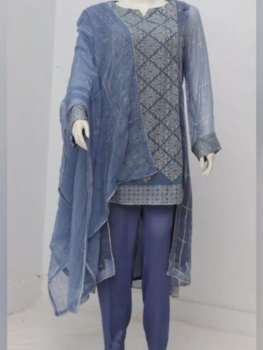 Pure indian chiffon fabric silver tilla work 3 Piece