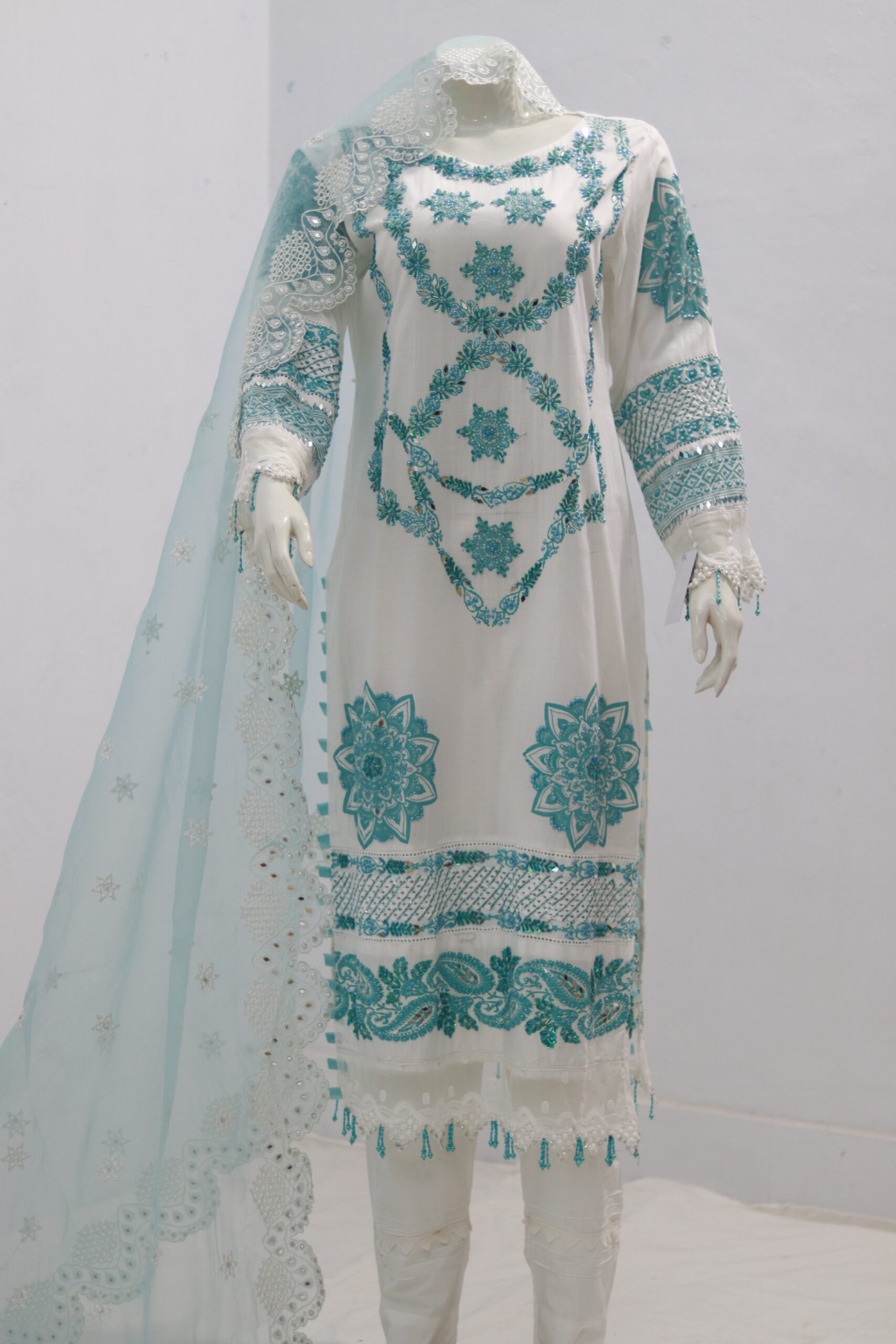 Pure Lawn Stuff Block Print Embroidery mirror moti Desgin 3 Piece