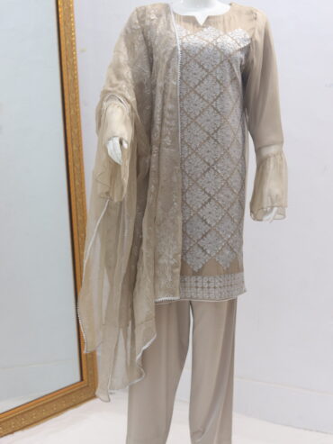 Pure Indian Chiffon Fabric With Spectacular Silver Tilla Work 3 Piece Suit