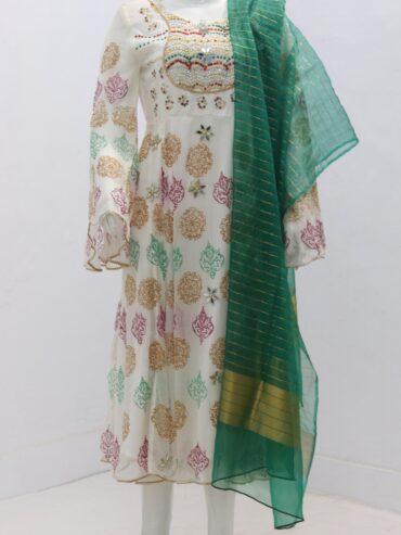 Pure Indian Chiffon Fabric Block Print with Mirror Stone Design 3 Piece Suit