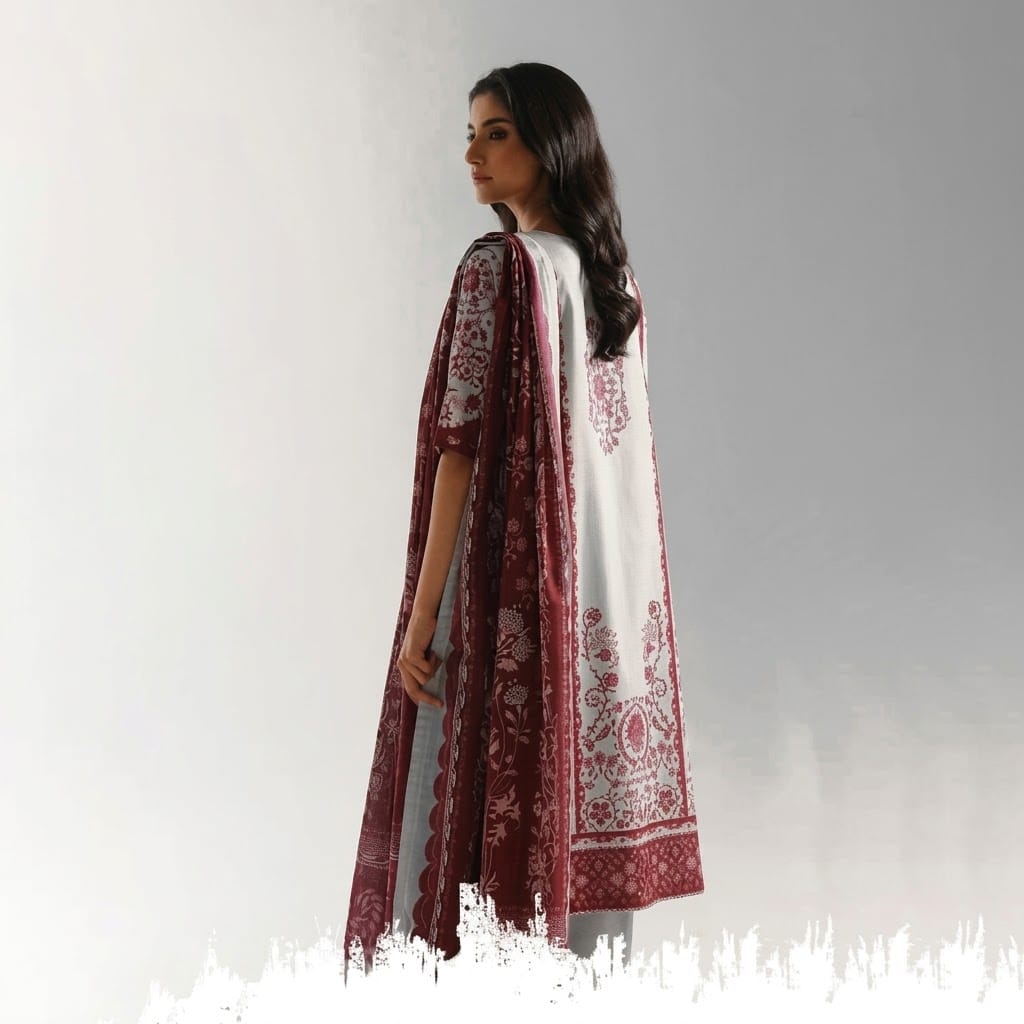 Ethnic Volume 220 – Digital Printed Lawn 3-Piece Suit with Voil Dupatta (Ice Blue & Maroon) - Image 2