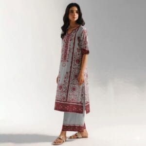 Ethnic Volume 220 – Digital Printed Lawn 3-Piece Suit with Voil Dupatta (Ice Blue & Maroon)