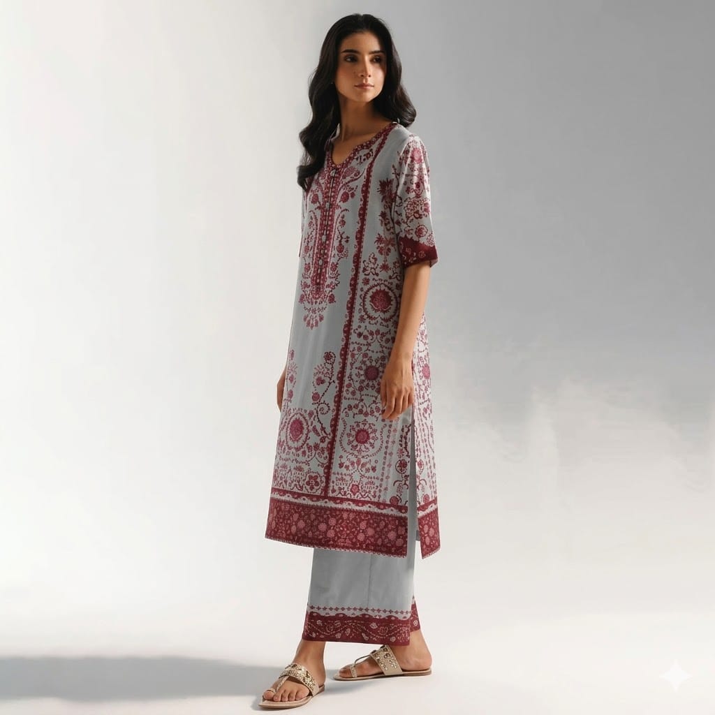 Ethnic Volume 220 – Digital Printed Lawn 3-Piece Suit with Voil Dupatta (Ice Blue & Maroon)