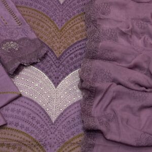Model wearing a luxury lavender embroidered 3 piece suit with chevron details and matching dupatta.