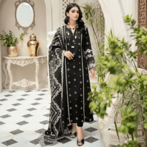Jet Black Embroidered Lawn Suit with Heavy Pure Chiffon Dupatta – 3 Piece Unstitched