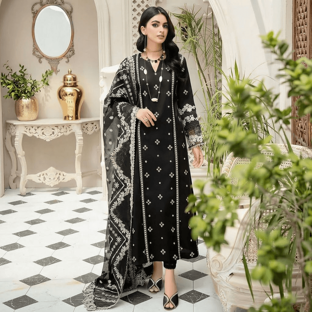 Jet Black Embroidered Lawn Suit with Heavy Pure Chiffon Dupatta – 3 Piece Unstitched