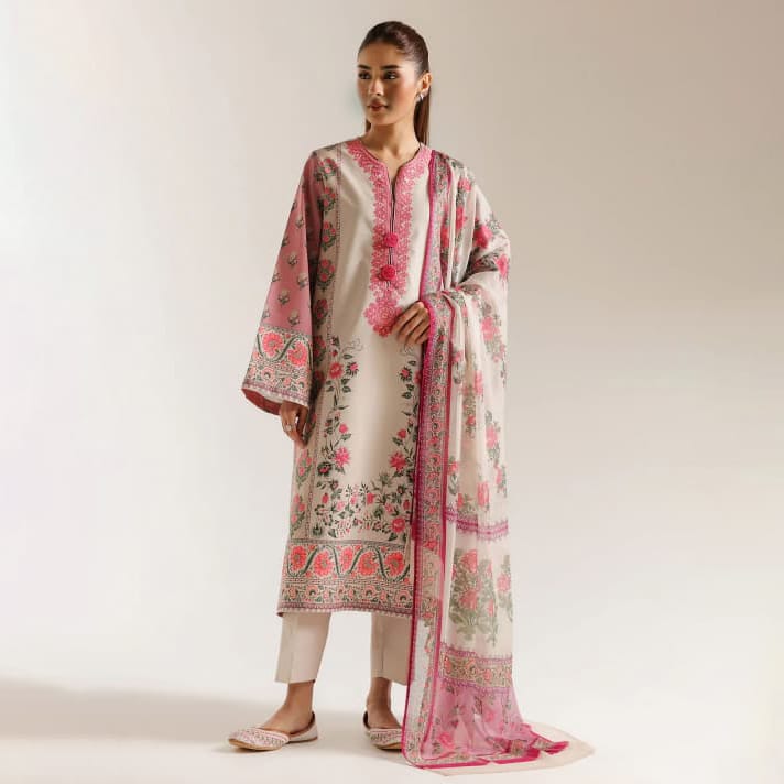 Ethnic Volume 220 – Digital Printed Lawn 3-Piece Suit with Voil Dupatta (Pink & Cream)