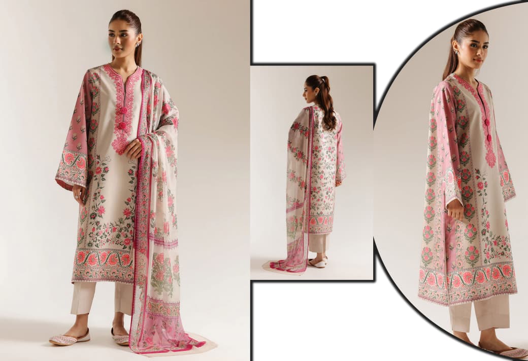 Ethnic Volume 220 – Digital Printed Lawn 3-Piece Suit with Voil Dupatta (Pink & Cream) - Image 2