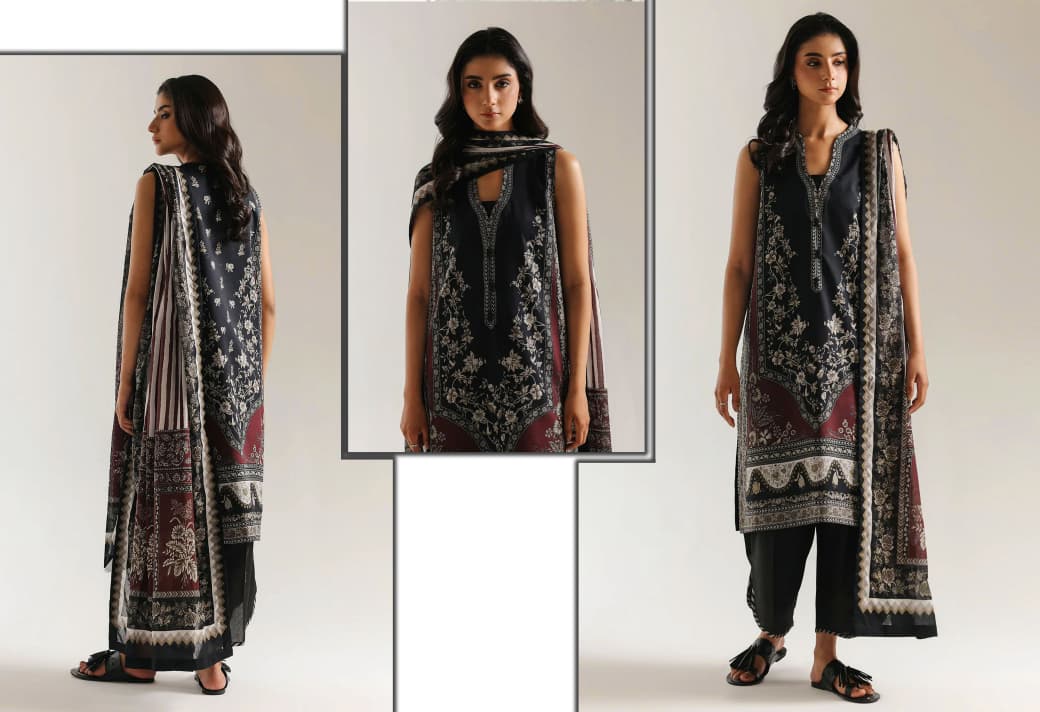 Ethnic Volume 220 – Digital Printed Lawn 3-Piece Suit with Voil Dupatta (Classic Black & Maroon) - Image 2