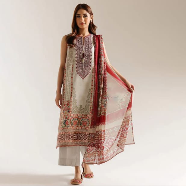 Ethnic Volume 220 – Digital Printed Lawn 3-Piece Suit with Voil Dupatta (Cream & Deep Maroon)