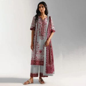 Ethnic Volume 220 – Digital Printed Lawn 3-Piece Suit with Voil Dupatta (Ice Blue & Plum Maroon)