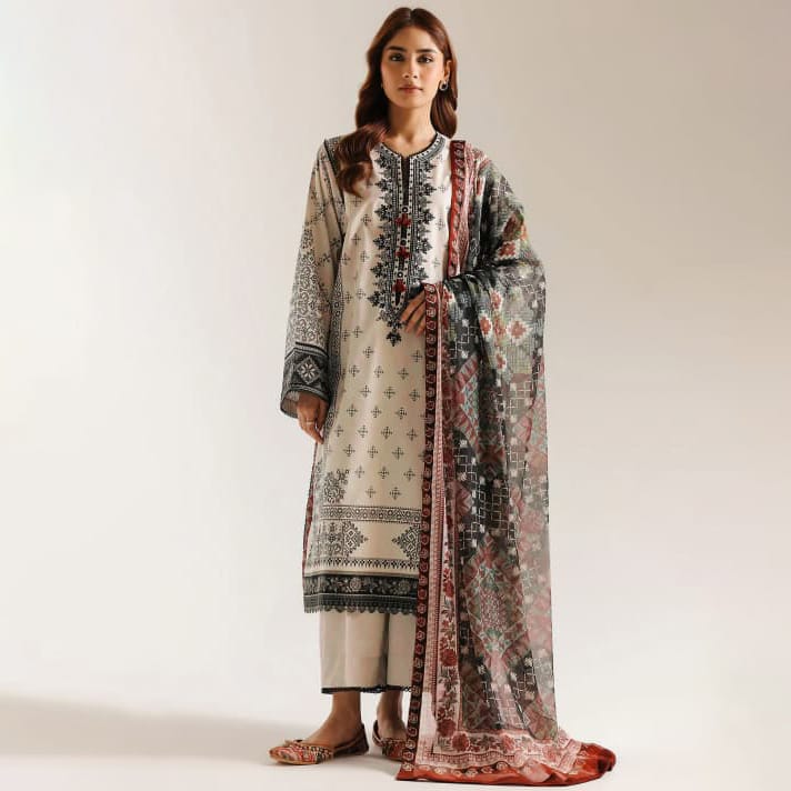 Ethnic Volume 220 – Digital Printed Lawn 3-Piece Suit with Voil Dupatta (Ivory & Charcoal Black)