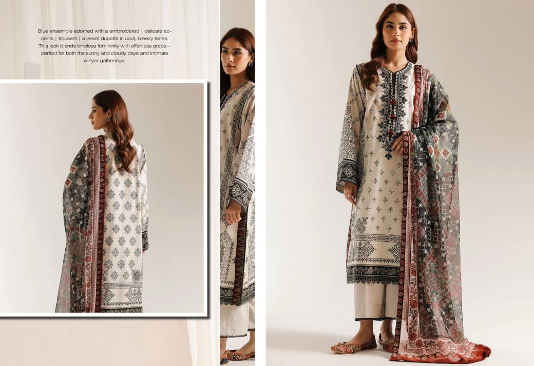 Ethnic Volume 220 – Digital Printed Lawn 3-Piece Suit with Voil Dupatta (Ivory & Charcoal Black) - Image 2