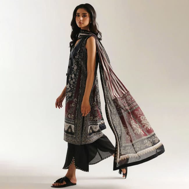 Ethnic Volume 220 – Digital Printed Lawn 3-Piece Suit with Voil Dupatta (Classic Black & Maroon)