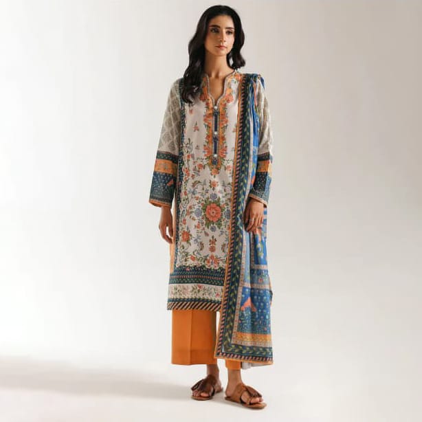 Ethnic Volume 220 – Digital Printed Lawn 3-Piece Suit with Voil Dupatta (Rust Orange & Blue)
