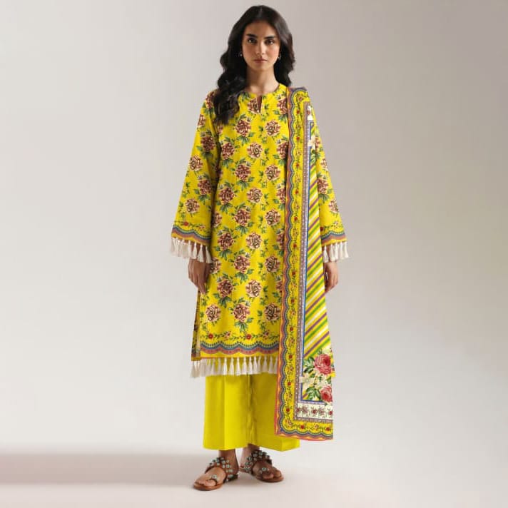 Ethnic Volume 220 – Digital Printed Lawn 3-Piece Suit with Voil Dupatta (Mustard Yellow)