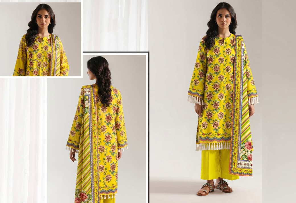 Ethnic Volume 220 – Digital Printed Lawn 3-Piece Suit with Voil Dupatta (Mustard Yellow) - Image 2
