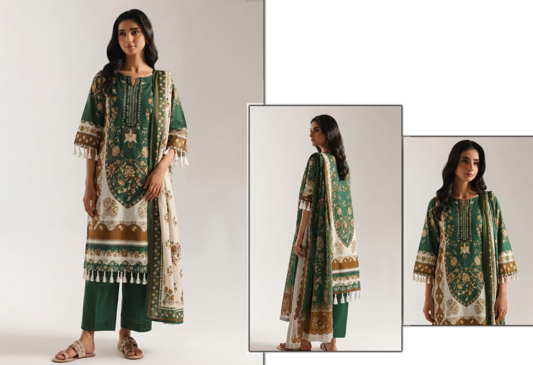 Ethnic Volume 220 – Digital Printed Lawn 3-Piece Suit with Voil Dupatta (Emerald Green) - Image 2