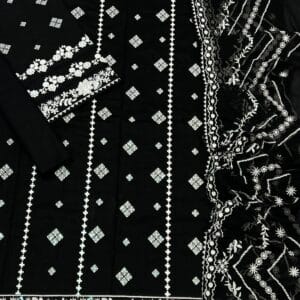Jet Black Embroidered Lawn Suit with Heavy Pure Chiffon Dupatta – 3 Piece Unstitched