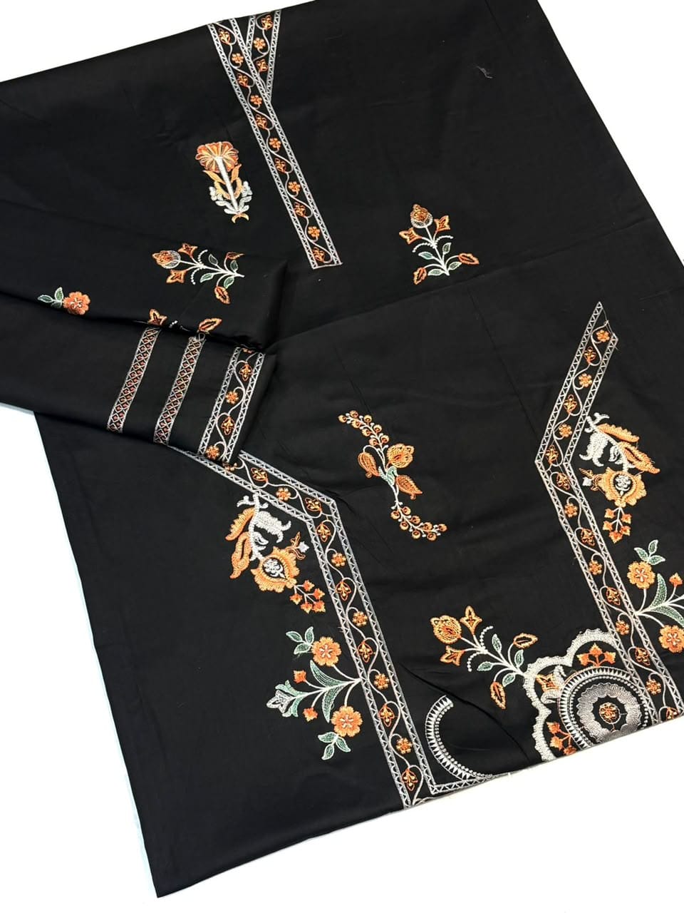 Midnight Black Embroidered Lawn Suit with Plain Black Dupatta – 3 Piece Unstitched - Image 3