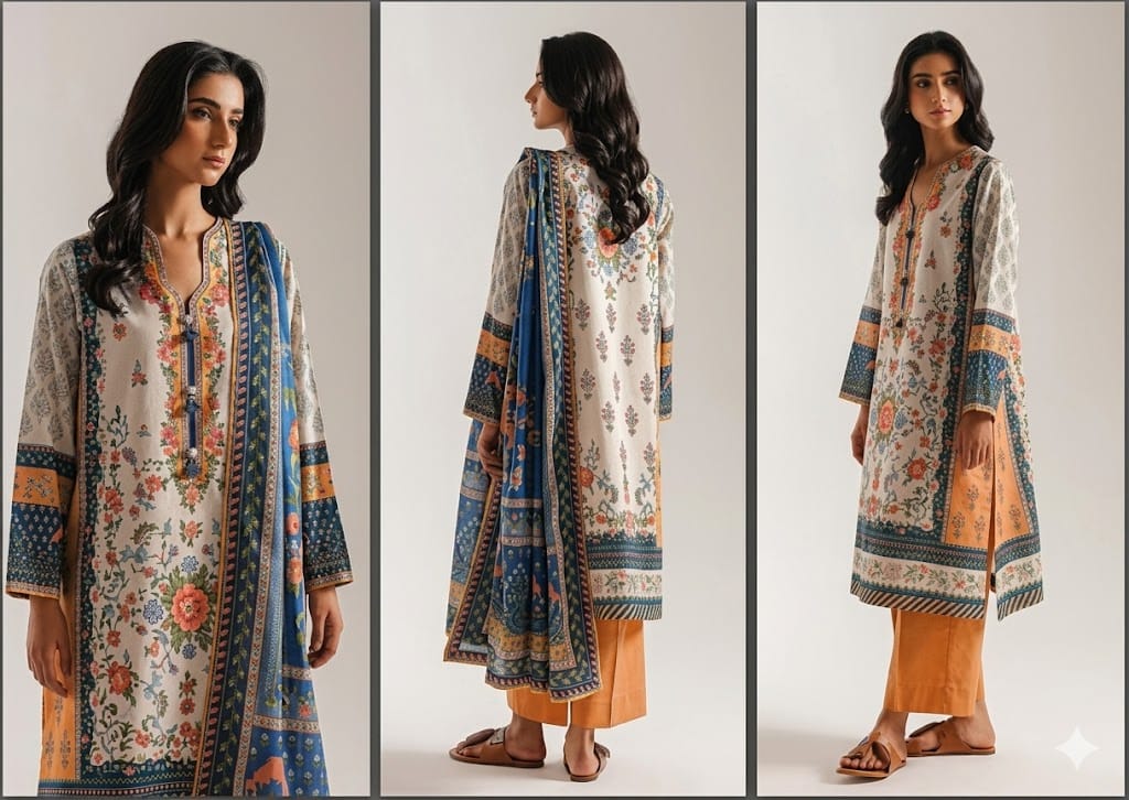 Ethnic Volume 220 – Digital Printed Lawn 3-Piece Suit with Voil Dupatta (Rust Orange & Blue) - Image 2