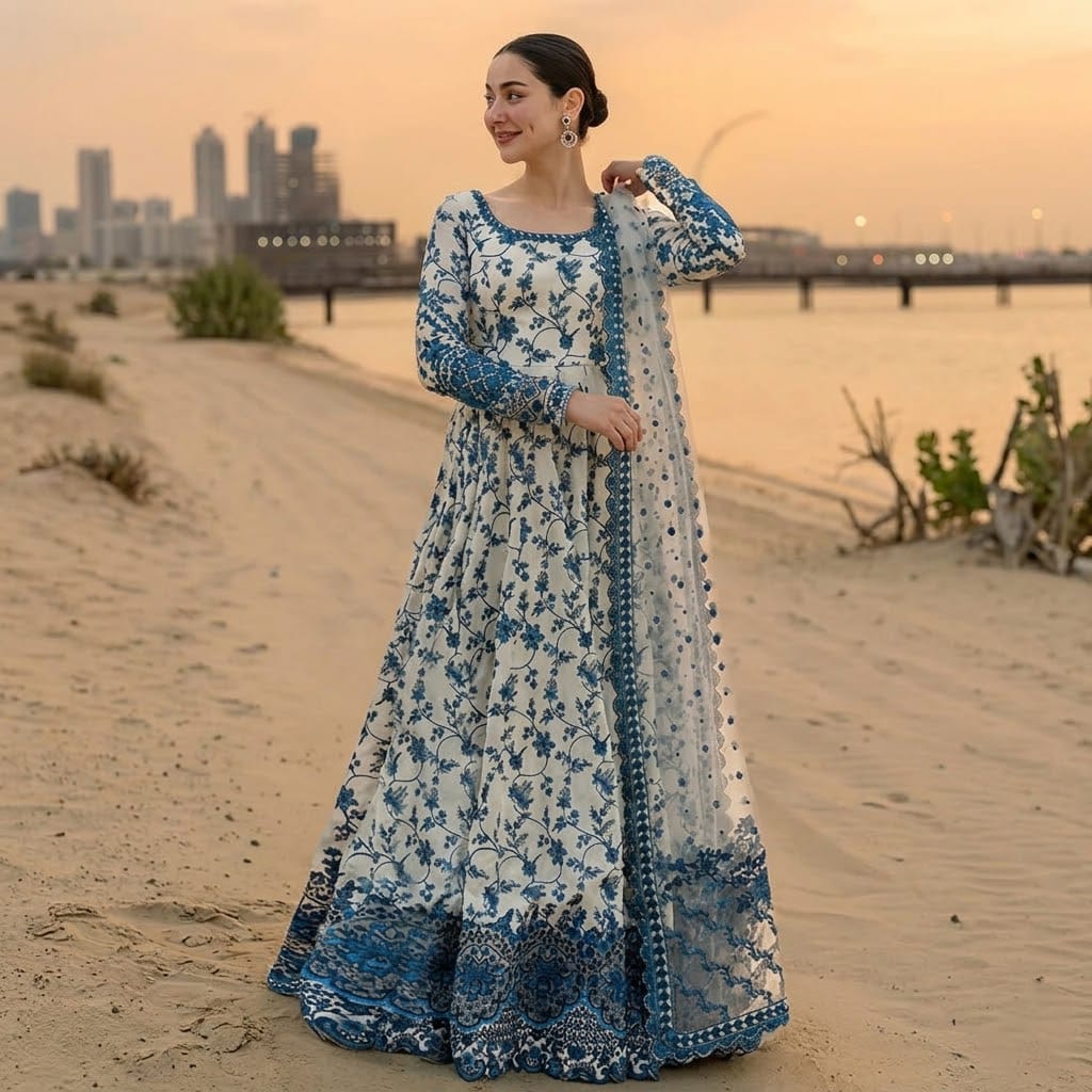 Model posing in Aneela's Lawn unstitched blue floral embroidered 3 piece suit maxi dress.