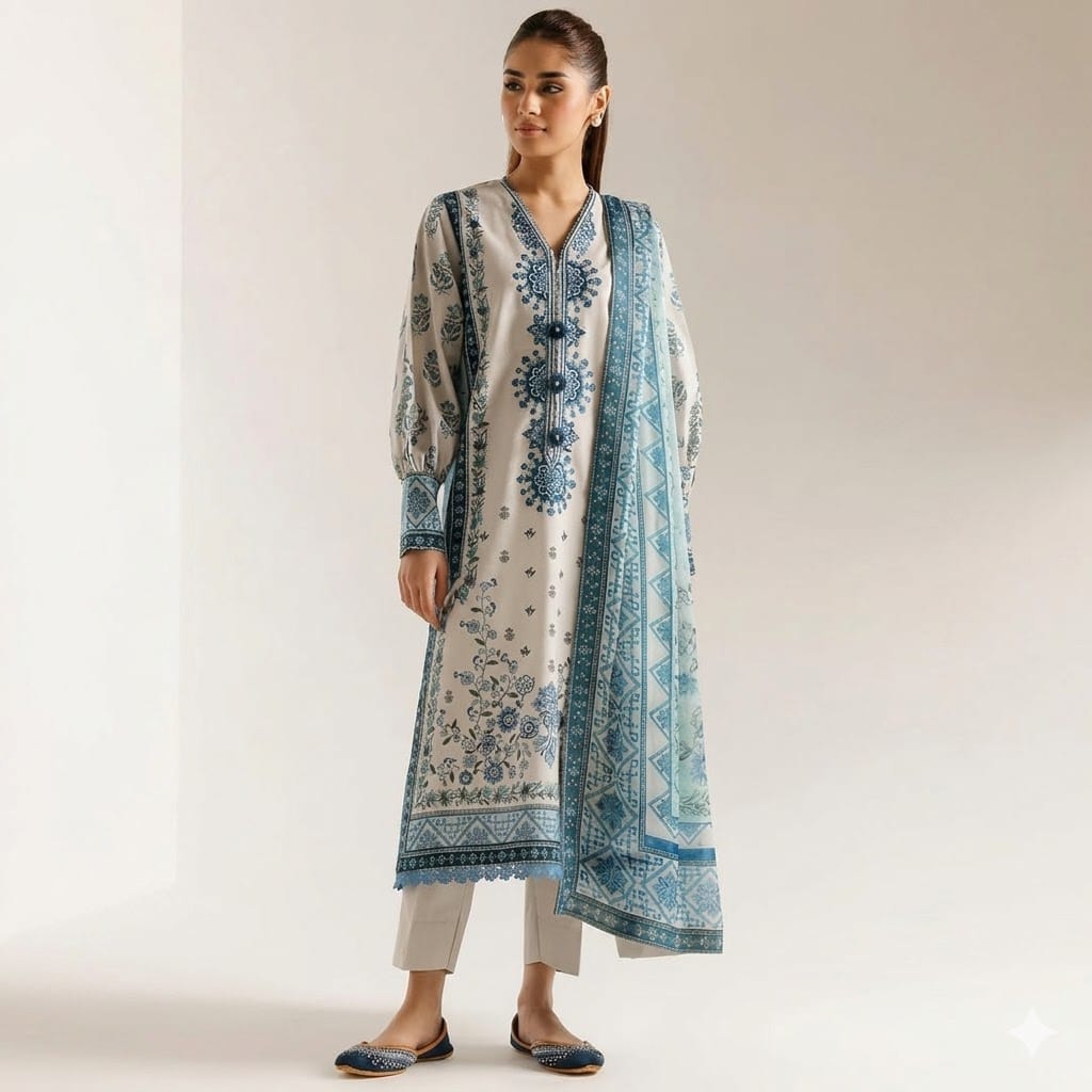 Ethnic Volume 220 – Digital Printed Lawn 3-Piece Suit with Voil Dupatta