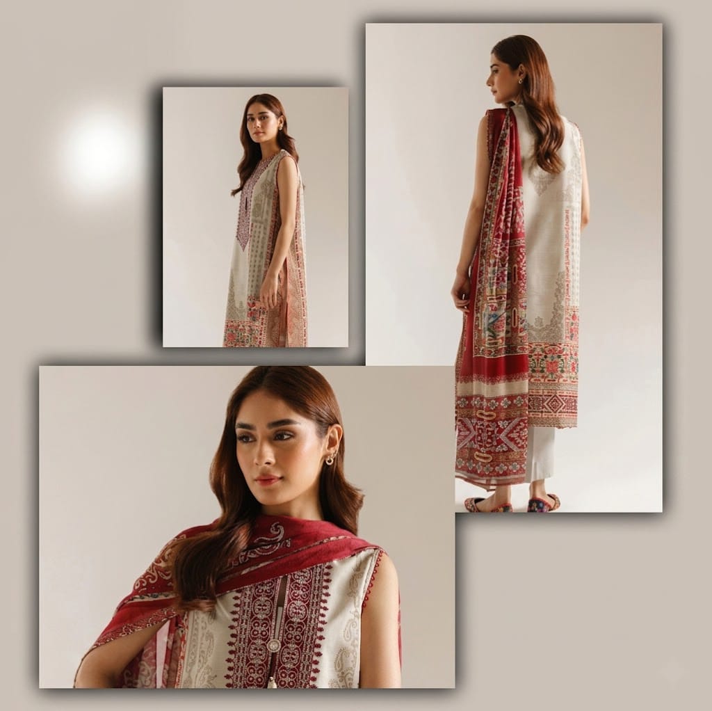 Ethnic Volume 220 – Digital Printed Lawn 3-Piece Suit with Voil Dupatta (Cream & Deep Maroon) - Image 2
