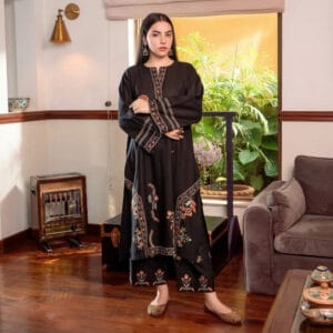 Midnight Black Embroidered Lawn Suit with Plain Black Dupatta – 3 Piece Unstitched