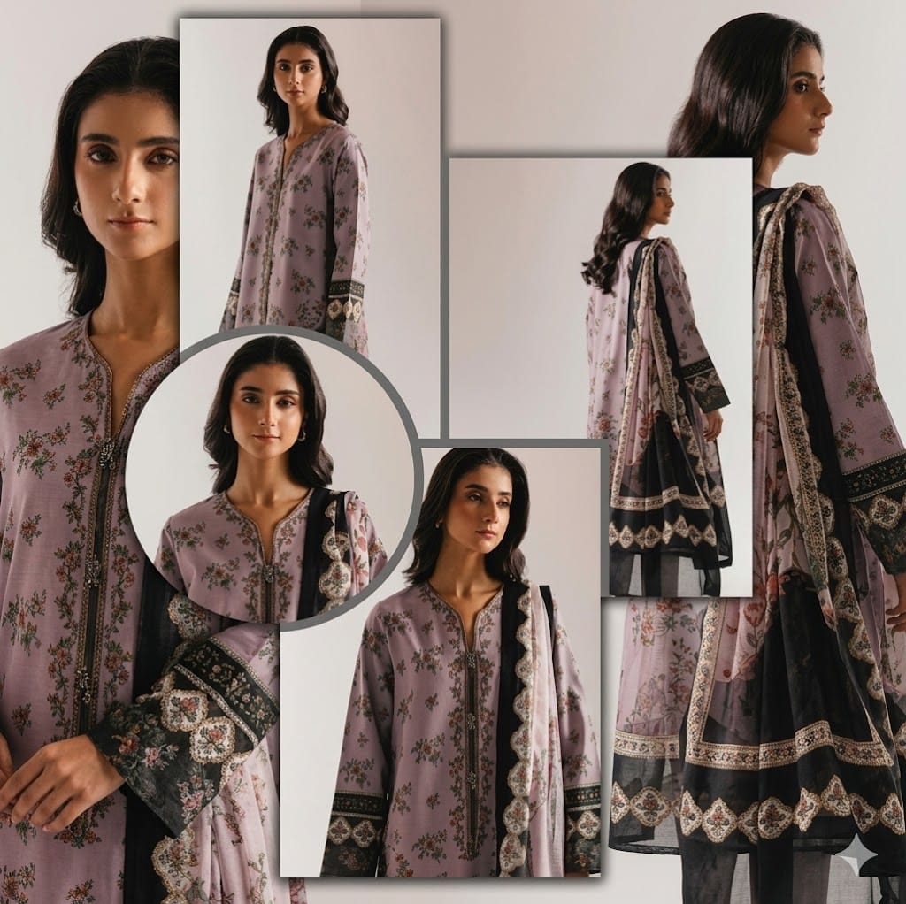 Ethnic Volume 220 – Digital Printed Lawn 3-Piece Suit with Voil Dupatta (Lavender & Black) - Image 2