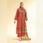 Nishat Elegance in Bloom 3 Piece Printed Lawn Suit 42501160-R featuring a rust-red printed shirt, dyed trousers, and fancy voil dupatta