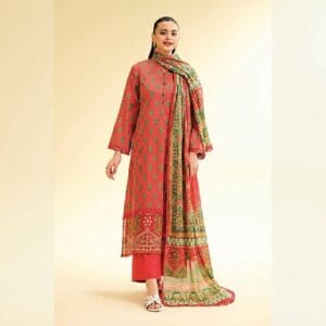 Nishat Elegance in Bloom 3 Piece Printed Lawn Suit 42501160-R featuring a rust-red printed shirt, dyed trousers, and fancy voil dupatta