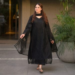 Premium 3-Piece Jet Black Embroidered Chikankari Lawn Suit with Organza Dupatta – Ready to Wear / Unstitched Luxury Collection