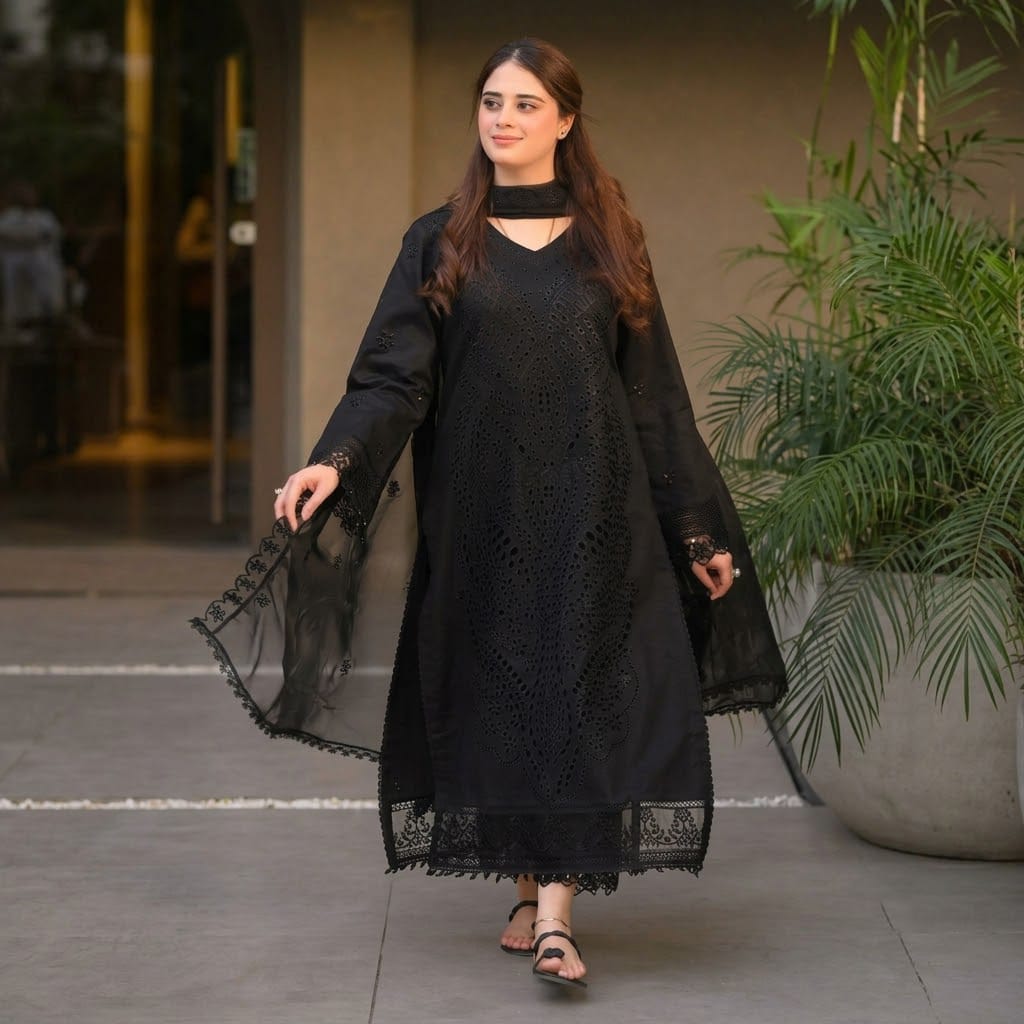 Premium 3-Piece Jet Black Embroidered Chikankari Lawn Suit with Organza Dupatta – Ready to Wear / Unstitched Luxury Collection
