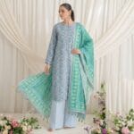 Gul Ahmed Earth Crust 3 Piece Printed Lawn Suit CL-7361 featuring an icy blue digital printed shirt, dyed trousers, and turquoise patterned voil dupatta