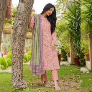 Gul Ahmed Earth Crust 3 Piece Printed Lawn Suit CL-7363 featuring a digital printed shirt, dyed trousers, and green voil dupatta