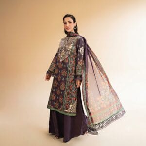 Alt Text: 3PCS Dark Purple Printed Lawn Suit with Fancy Voil Dupatta 42519172-R Front Close-up View