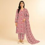 3PCS Pink Printed Lawn Suit with Fancy Voil Dupatta 42519395-R Front View