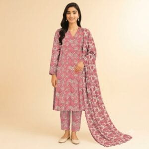 3PCS Pink Printed Lawn Suit with Fancy Voil Dupatta 42519395-R Front View