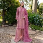 Gul Ahmed Earth Crust 3 Piece Printed Lawn Suit CL-7357 featuring a pink digital printed shirt, dyed trousers, and magenta voil dupatta