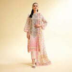 Nishat Colorful Grace 3 Piece Printed Lawn Suit 42501430-R featuring a pink geometric printed shirt, dyed trousers, and fancy voil dupatta