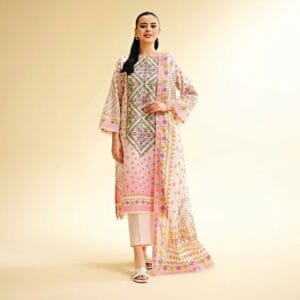 Nishat Colorful Grace 3 Piece Printed Lawn Suit 42501430-R featuring a pink geometric printed shirt, dyed trousers, and fancy voil dupatta