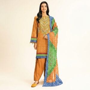 Nishat Seasonal Charm 3 Piece Printed Lawn Suit 42501193-R featuring a mustard printed shirt, dyed trousers, and a multi-colored chunri print fancy voil dupatta