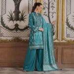 Gul Ahmed Earth Crust 3 Piece Printed Lawn Suit CL-7358 featuring a teal digital printed shirt, dyed trousers, and matching voil dupatta