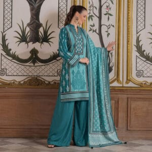 Gul Ahmed Earth Crust 3 Piece Printed Lawn Suit CL-7358 featuring a teal digital printed shirt, dyed trousers, and matching voil dupatta