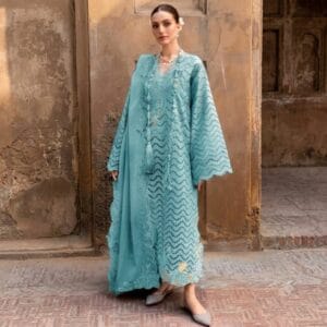 Premium 3-Piece Embroidered Chikankari Lawn Suit with Khaadi Net Dupatta – Aqua Blue (Unstitched)
