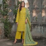 Gul Ahmed Earth Crust 3 Piece Printed Lawn Suit CL-7362 featuring a mustard digital printed shirt, dyed trousers, and patterned voil dupatta