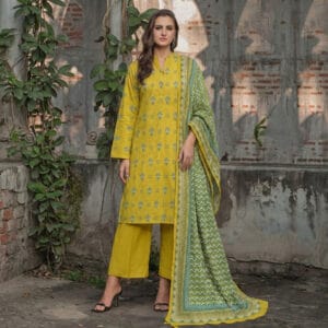 Gul Ahmed Earth Crust 3 Piece Printed Lawn Suit CL-7362 featuring a mustard digital printed shirt, dyed trousers, and patterned voil dupatta
