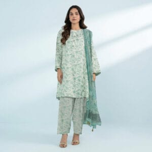 Sapphire Ankara 3 Piece Unstitched Suit in mint green floral print with Bana Dora fabric shirt and Voil dupatta